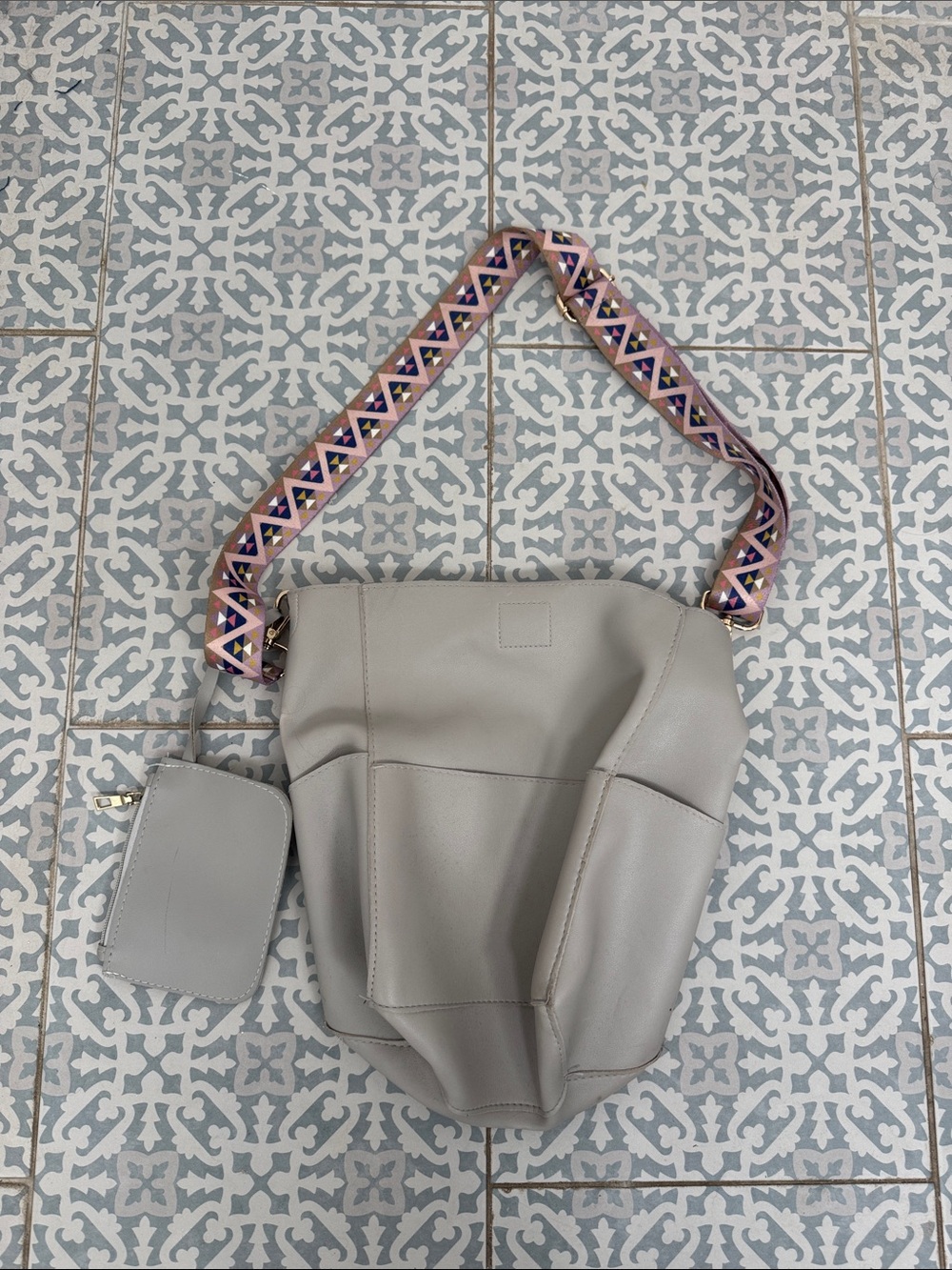 Gray Shoulder Bag with Removable Patterned Strap